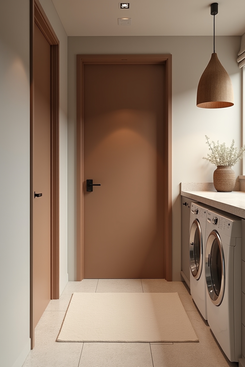 cognac mudroom laundry room ideas — deep cognac-painted entry door featuring cognac-painted entry door paired with matte terrazzo floor