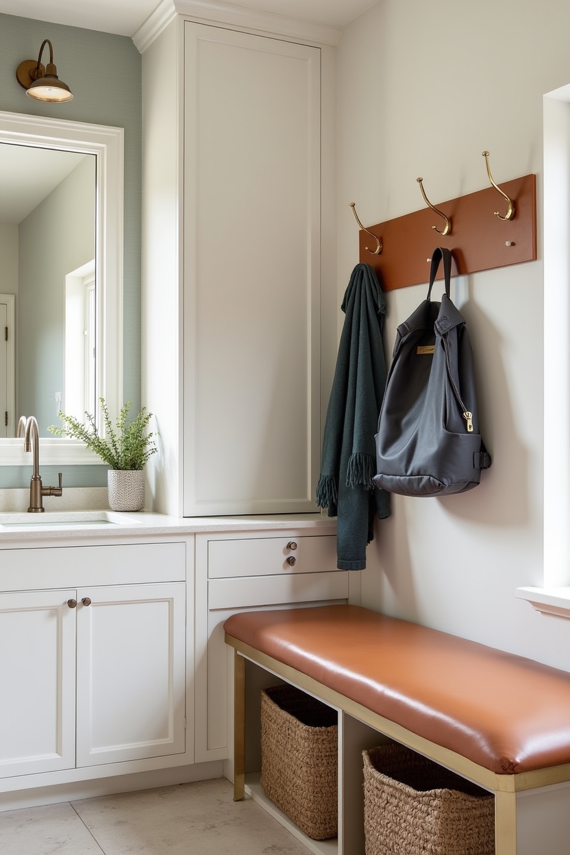 cognac mudroom laundry room ideas — cognac leather peg rail with oversized brass hooks featuring cognac leather peg rail with brass hooks
