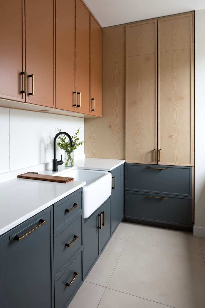 cognac mudroom laundry room ideas — two-tone cabinet run with visible warm brass pulls featuring two-tone cabinetry (cognac upper, matte charcoal lower)