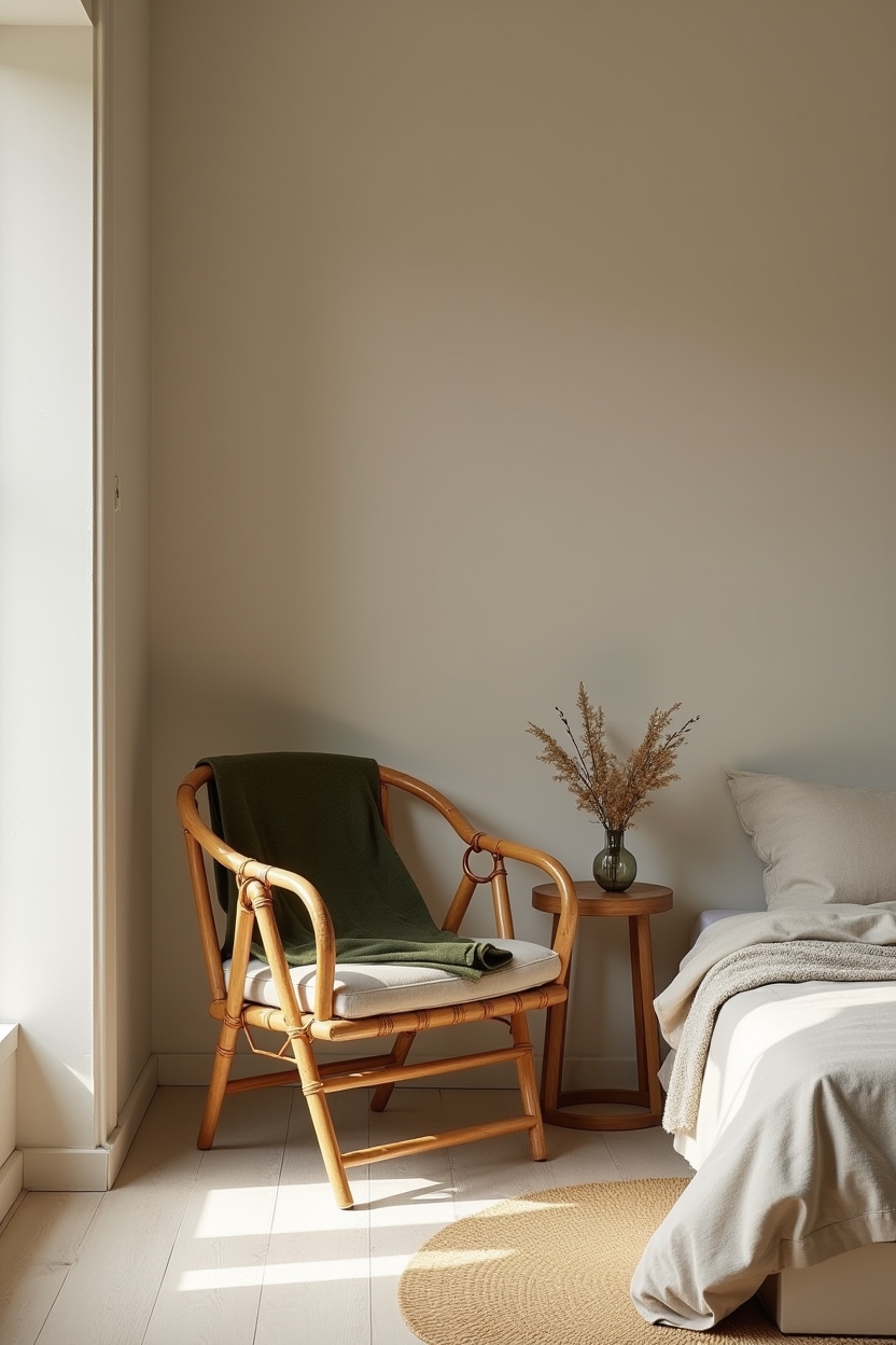 curved bamboo folding chair with moss-green throw home decor