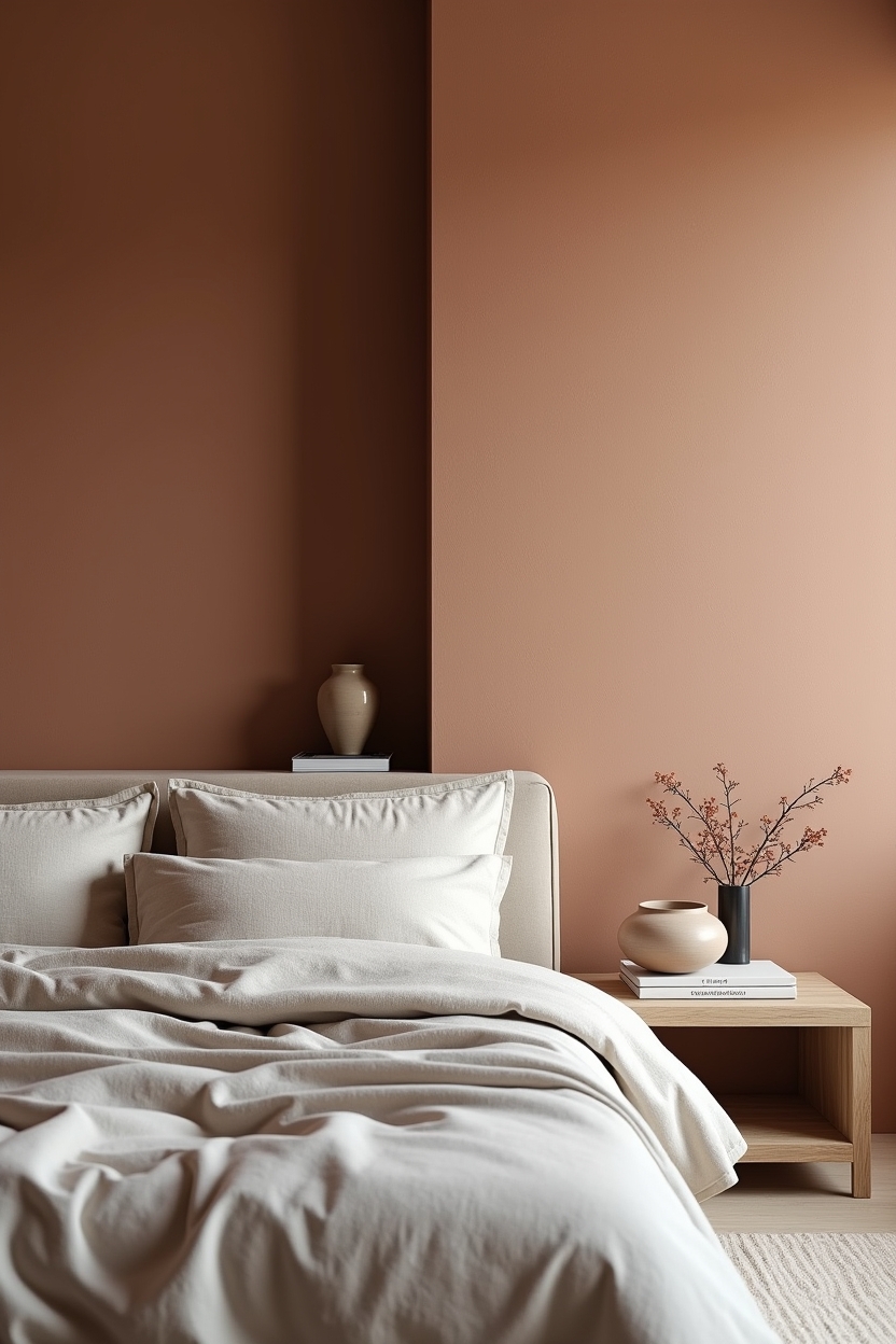 muted terracotta plaster accent behind bed home decor