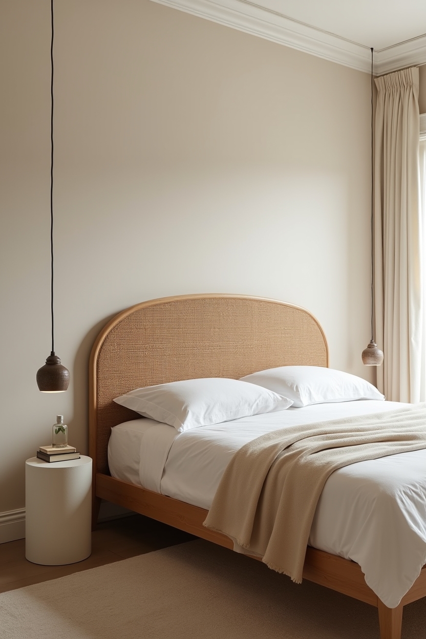 curved oak platform bed with woven headboard home decor
