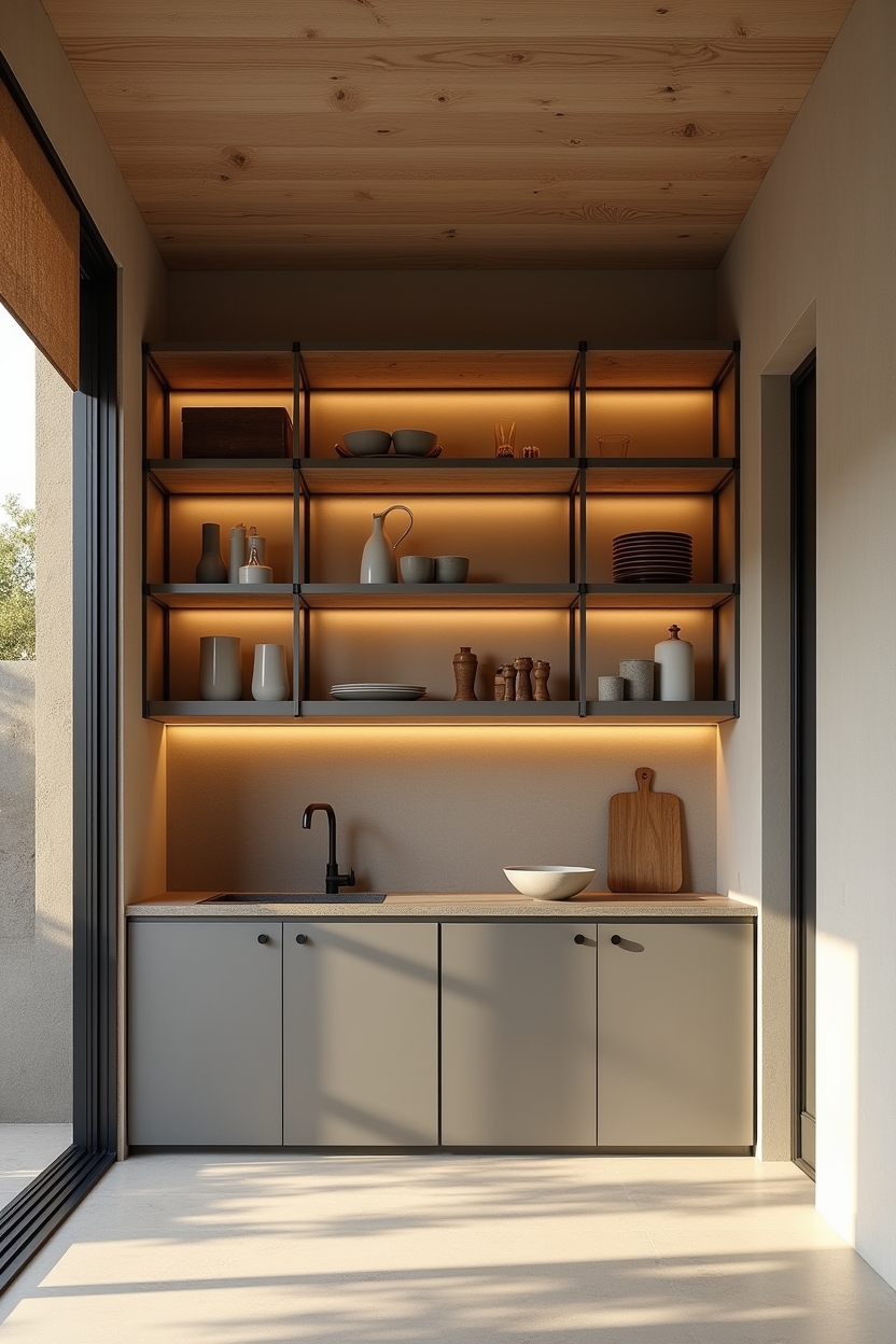 open-front cast-iron lower cabinets with amber glass shelving home decor