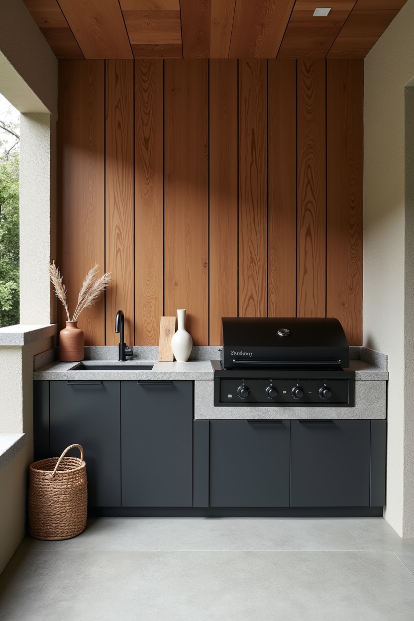 reclaimed-teak slatted screen with built-in matte-black grill home decor