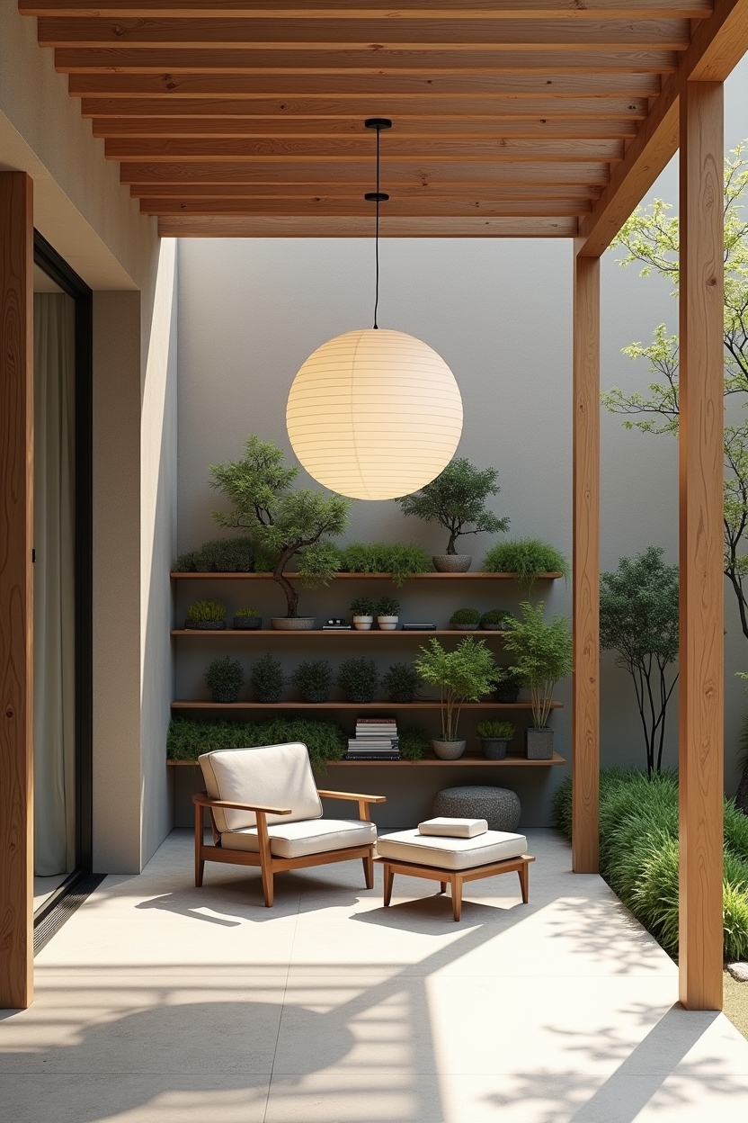 oversized rice-paper pendant under a minimal timber pergola home decor