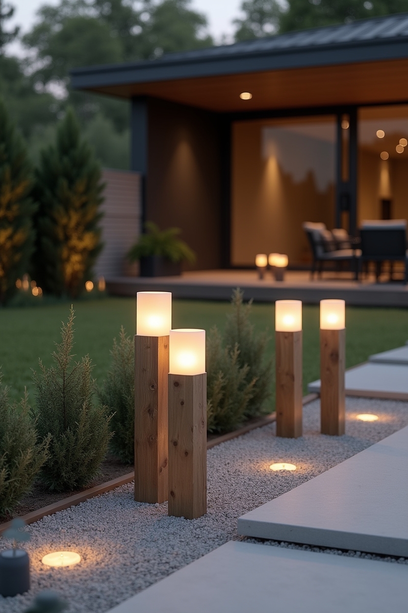 mixed-height timber stake lights home decor