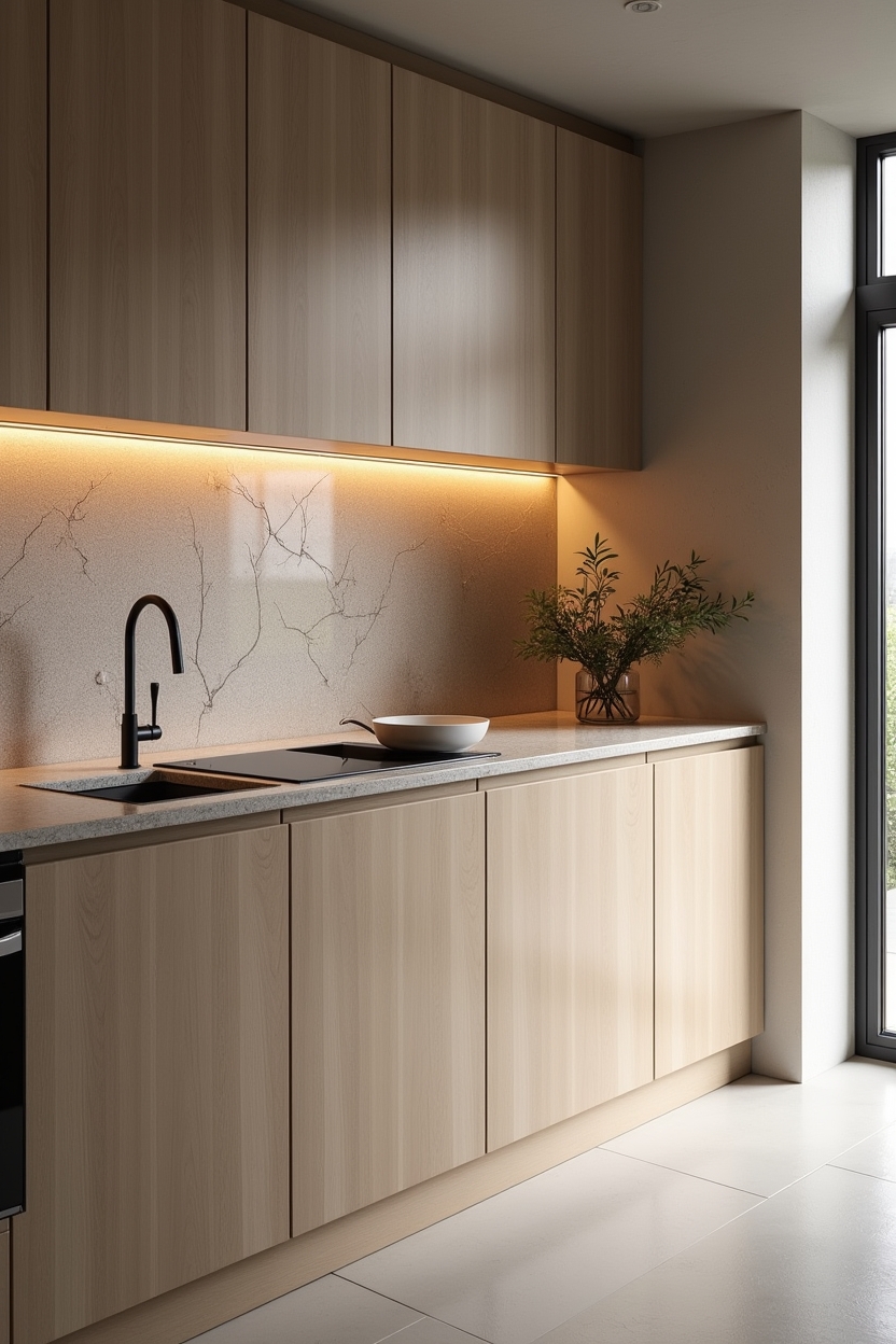 ultra-thin porcelain slab with Ise-inspired wood grain and large-scale recycled glass terrazzo home decor