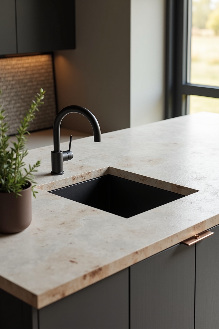 honed limestone slab with matte-black inset sink pairing home decor