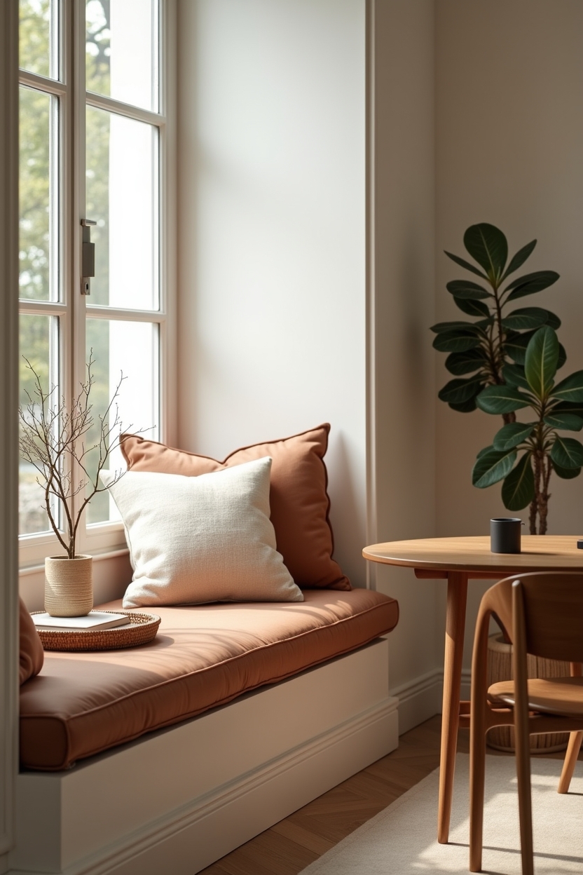 fall warm office background ideas — caramel leather bolster featuring window seat vignette
