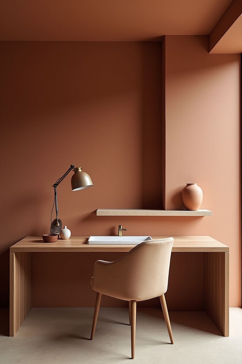fall warm office background ideas — terracotta plaster wall featuring terracotta plaster accent wall