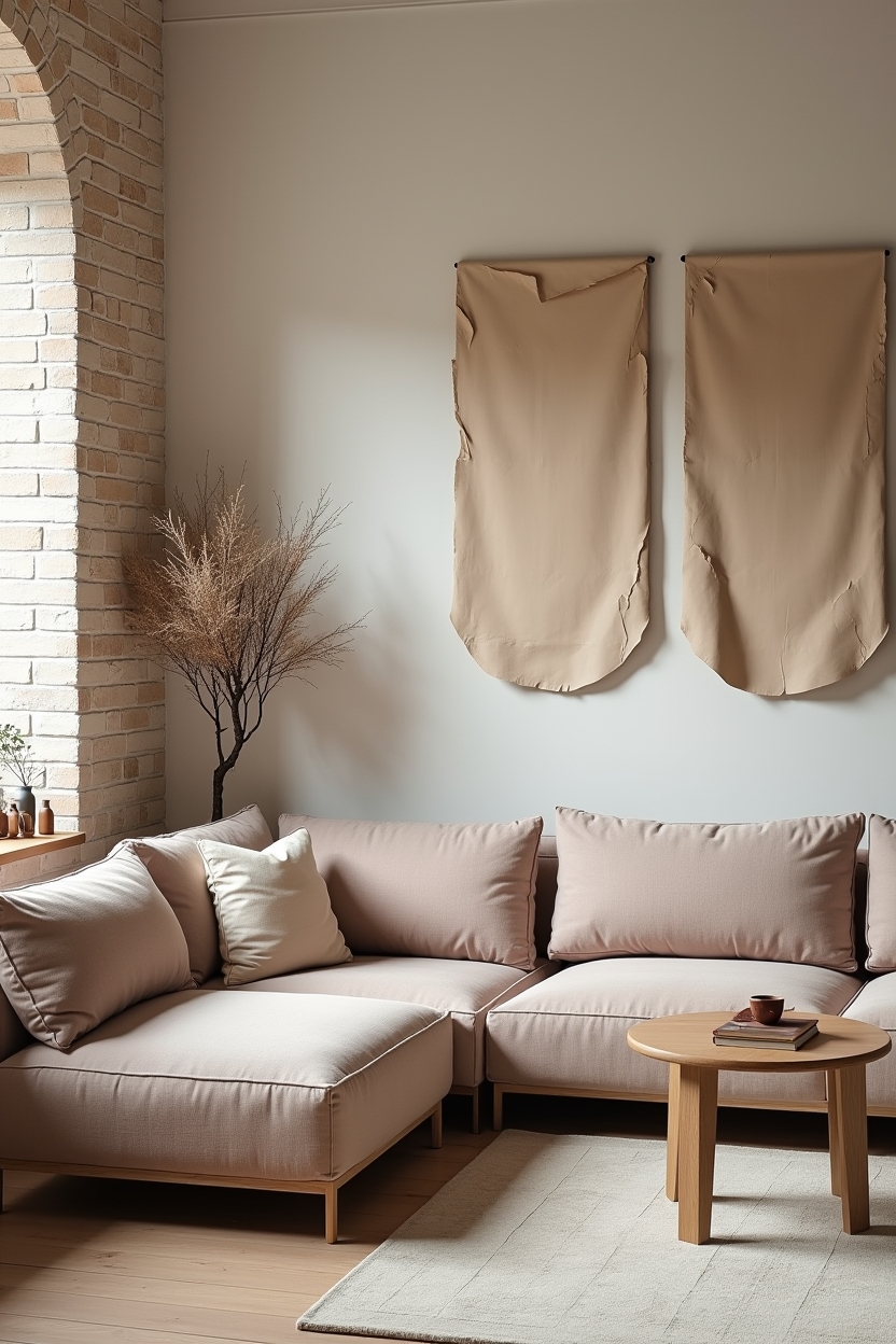 large-format limewash brick slip wall in dusty sage or faded terracotta behind a sofa home decor