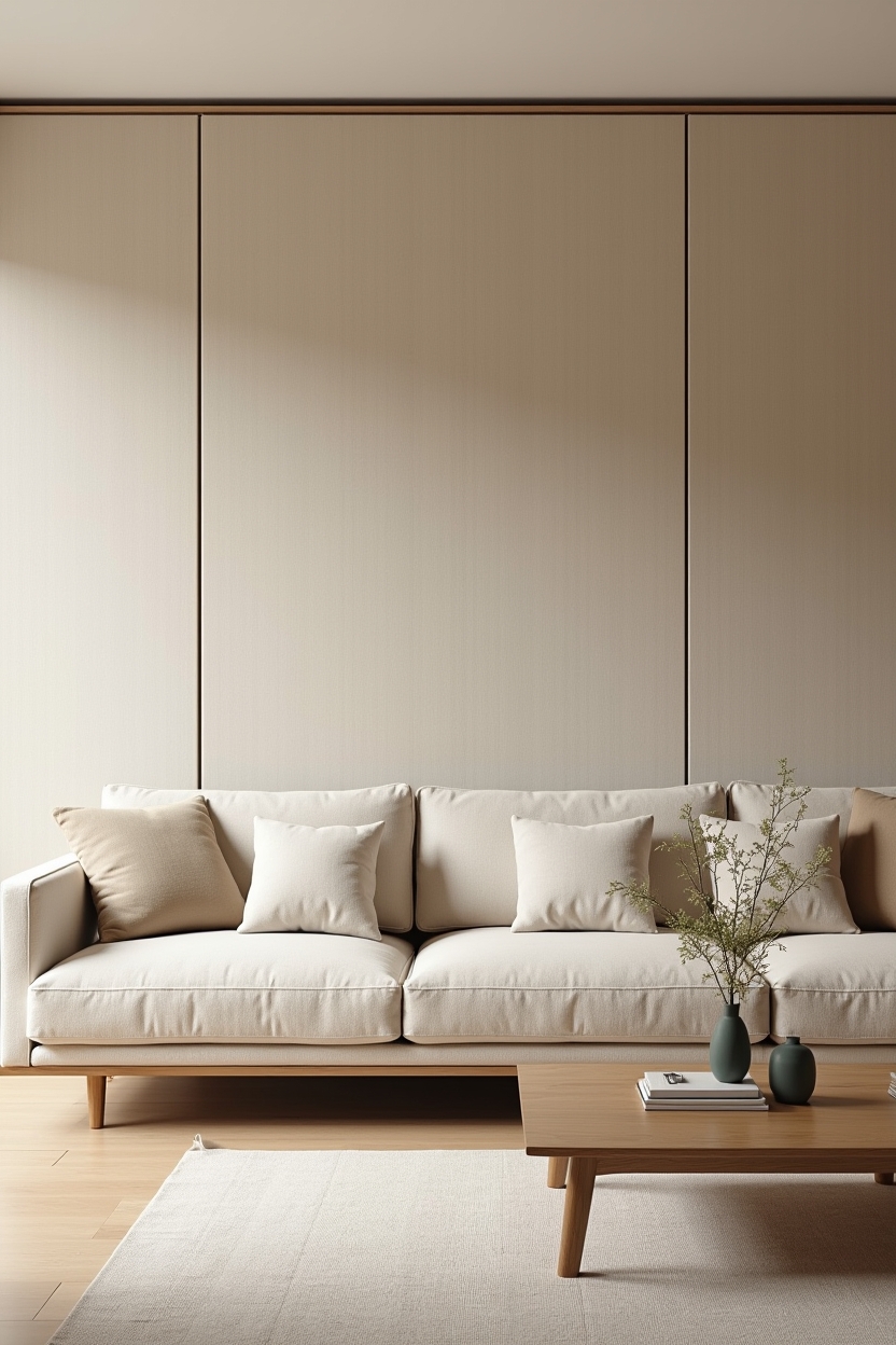 floor-to-ceiling stretched bouclé fabric panels with slim brass reveal trim framing each section home decor