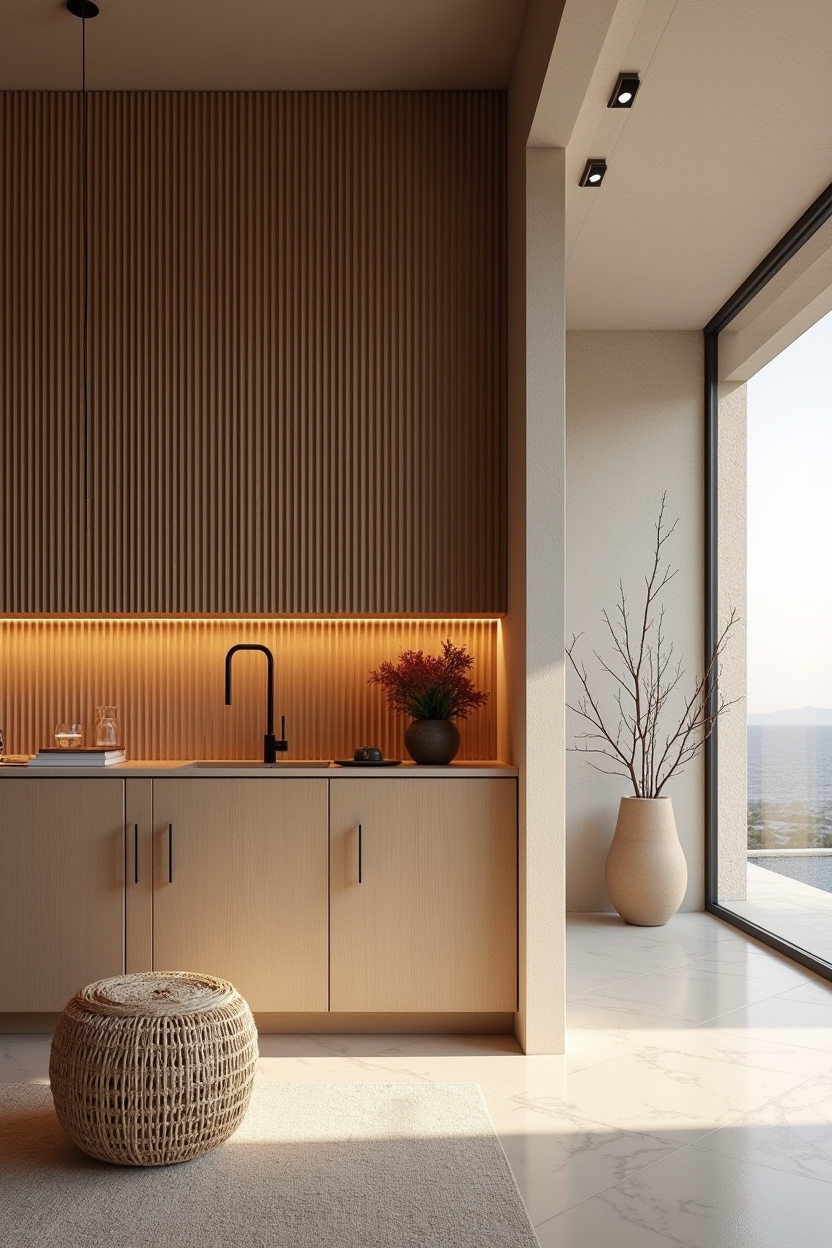 floor-to-ceiling micro-ribbed fluted wood slat wall with integrated LED back-lighting home decor