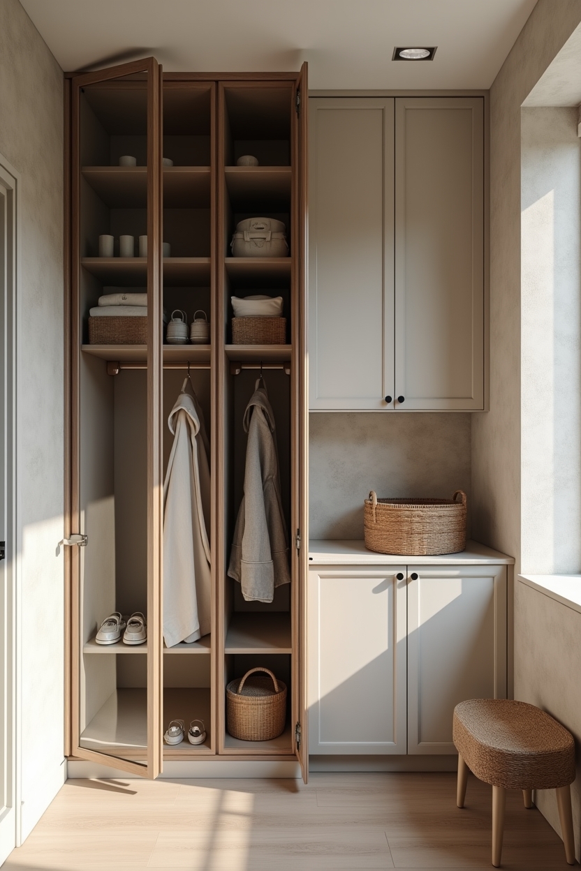 space saving laundry room folding station ideas — tall glass-front cabinet featuring glass-front cabinet concealing vertical folding console