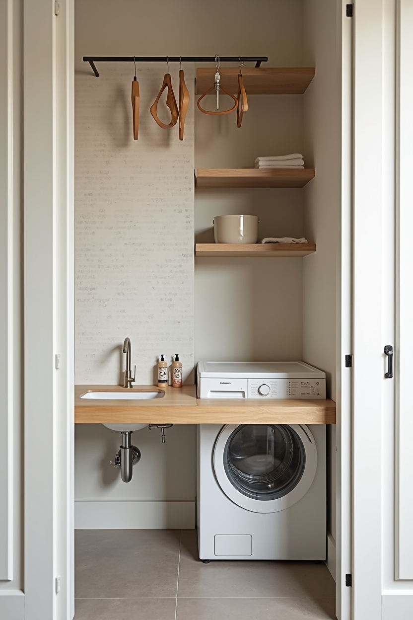 space saving laundry room folding station ideas — fold-down bamboo wall table featuring fold-down bamboo wall table