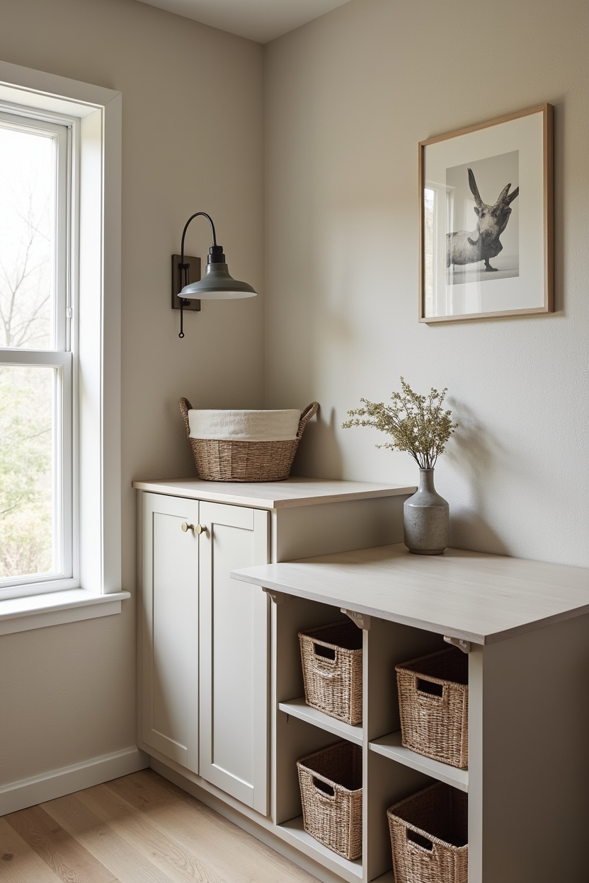 space saving laundry room folding station ideas — maple pull-out folding leaf featuring countertop over laundry chute with pull-out folding leaf