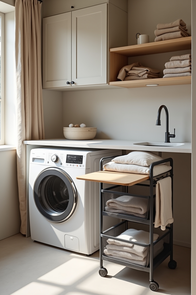 space saving laundry room folding station ideas — slim powder-coated rolling cart featuring slim rolling cart with collapsible tabletop