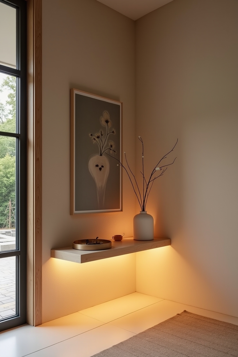 warm-tone mini LED gallery strip under shelf home decor