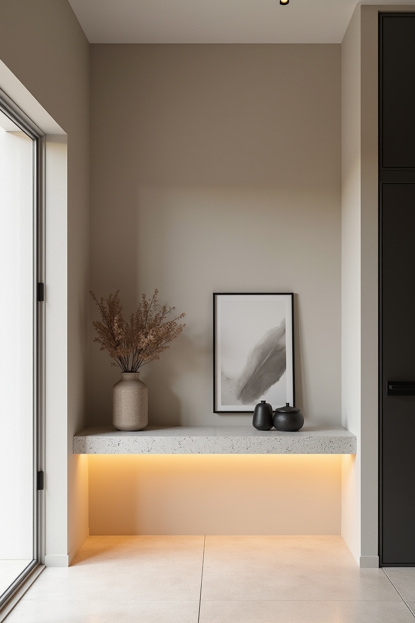 soft luxury minimal entryway decor — floating terrazzo shelf featuring backlit floating terrazzo shelf