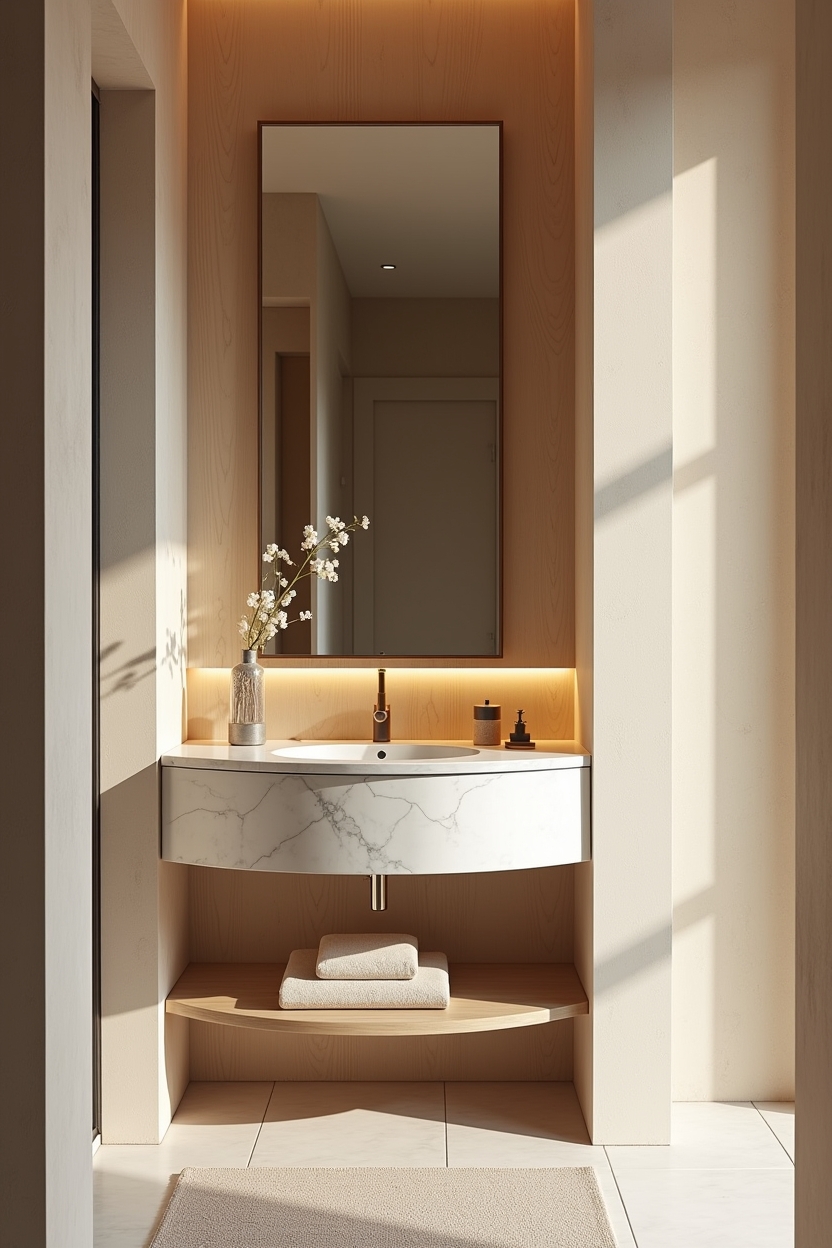 soft luxury minimal entryway decor — rounded marble console featuring rounded marble console with thin brass base