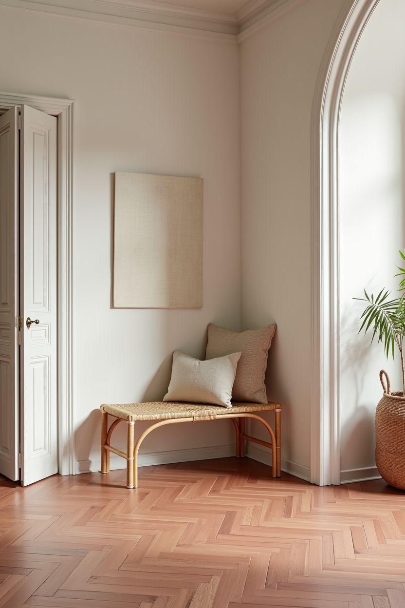 soft luxury minimal entryway decor — arched rattan bench featuring muted terracotta chevron floor tile