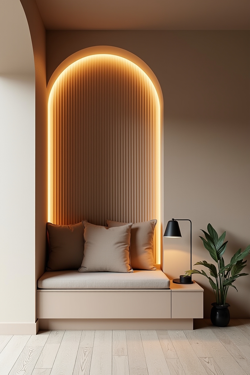 greige office reading corner ideas — built-in_bench featuring backlit_ribbed_panel