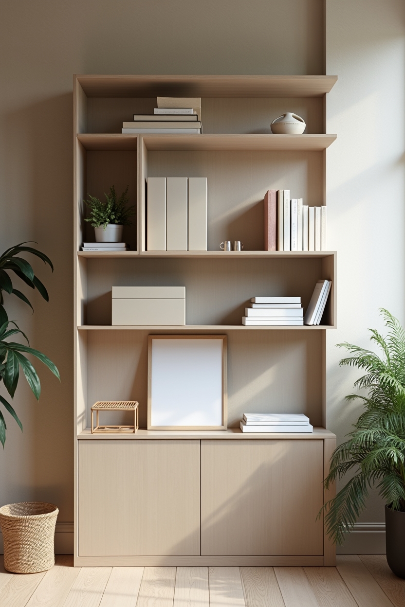 greige office reading corner ideas — rattan_book_caddy featuring modular_greige_shelving