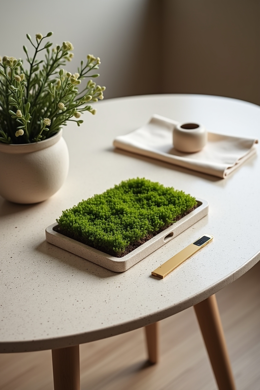 greige office reading corner ideas — living_moss_tray featuring terrazzo_accent_table
