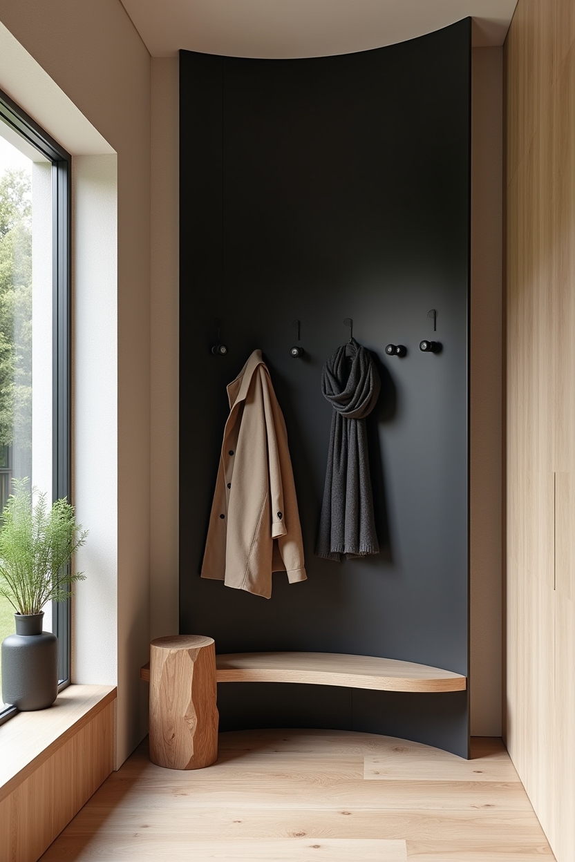black and wood entryway coat wall ideas — slim rounded pegs featuring curved plywood panel stained black