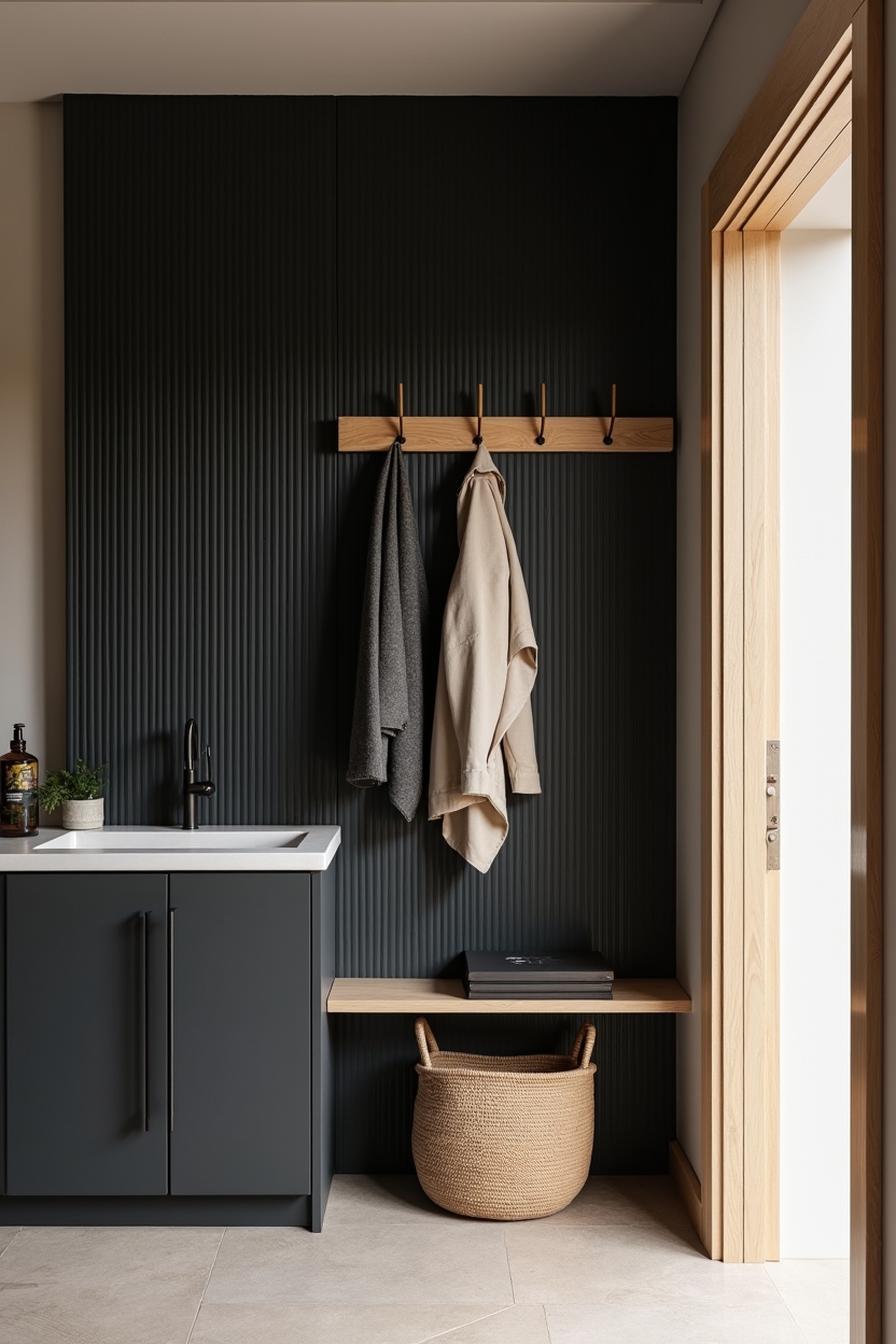 black and wood entryway coat wall ideas — staggered cylindrical oak pegs featuring matte-black slotted aluminum panel