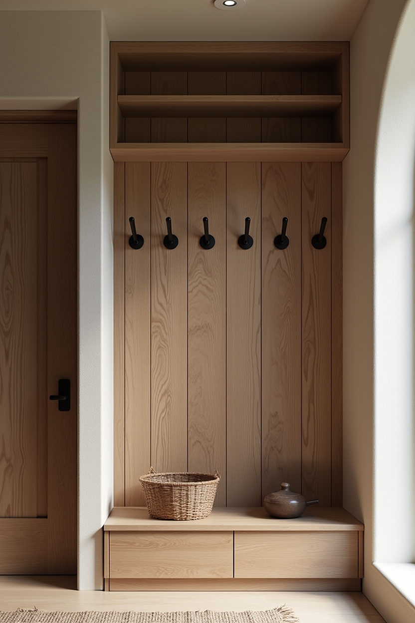 black and wood entryway coat wall ideas — mismatched black iron hooks featuring framed reclaimed wood panel with inset black iron hooks