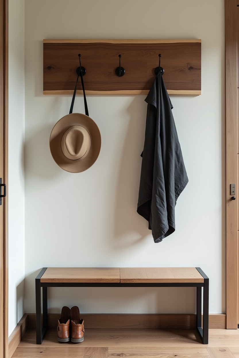 black and wood entryway coat wall ideas — oversized black halo hooks featuring live-edge horizontal walnut board with oversized black halo hooks