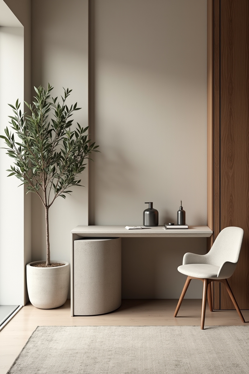 charred wood apartment office ideas — small matte concrete desk wing featuring concrete desk wing or planter paired with charred wood trim