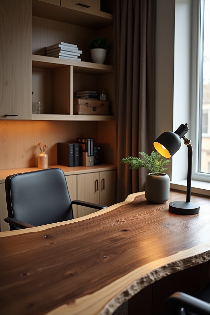 charred wood apartment office ideas — reclaimed live-edge shou sugi ban desk featuring live-edge shou sugi ban desk