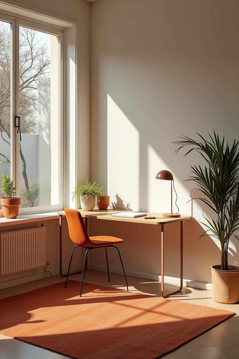 terracotta office layout ideas — compact standing desk on terracotta kilim rug featuring terracotta-hued rug anchoring standing desk
