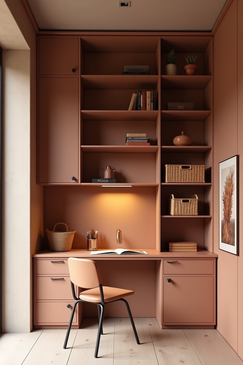 terracotta office layout ideas — low terracotta bookcase featuring modular terracotta shelving unit