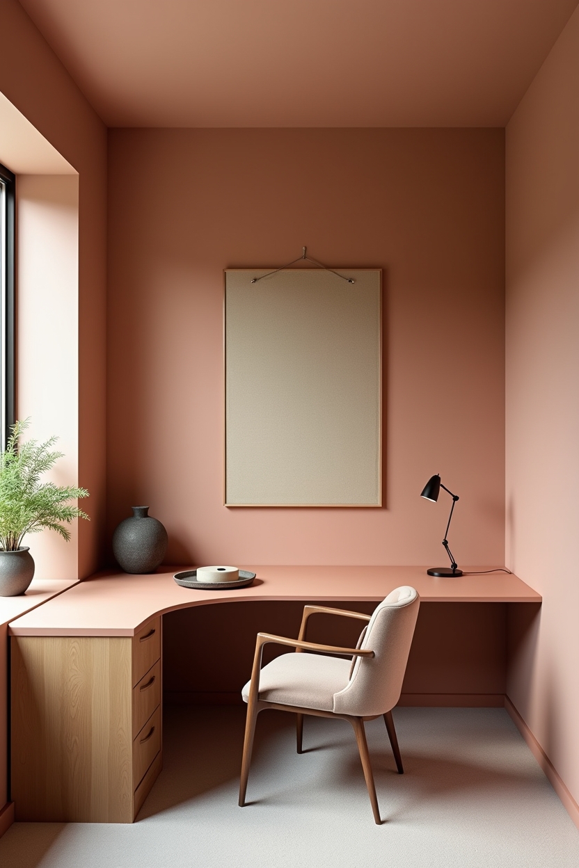 terracotta office layout ideas — curved desk painted warm terracotta featuring curved terracotta desk