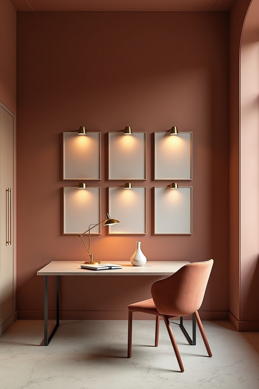 terracotta office layout ideas — streamlined desk positioned against terracotta wall featuring full-wall deep terracotta accent