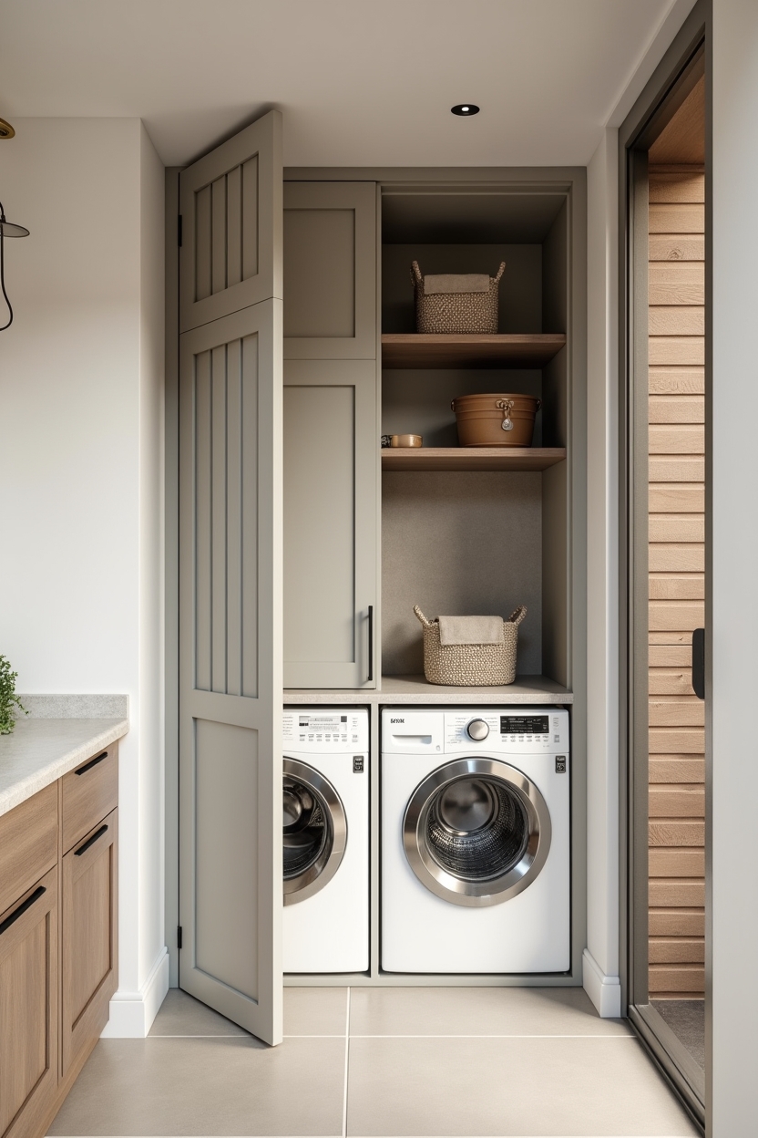 hidden storage tiny laundry nook ideas — painted louvered pocket door with slatted vents featuring painted louvered pocket door reveal