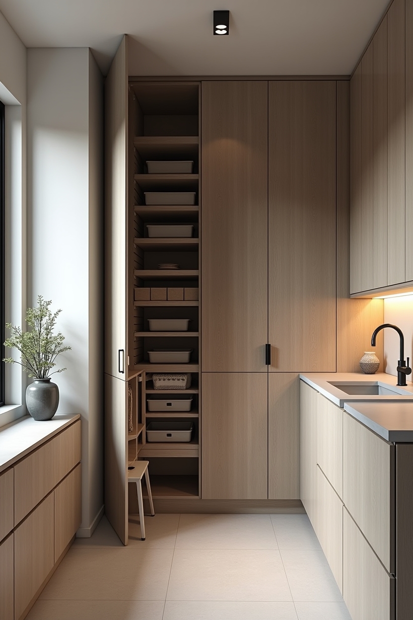 hidden storage tiny laundry nook ideas — narrow pull-out pantry cabinet with matching door face featuring floor-to-ceiling pull-out pantry