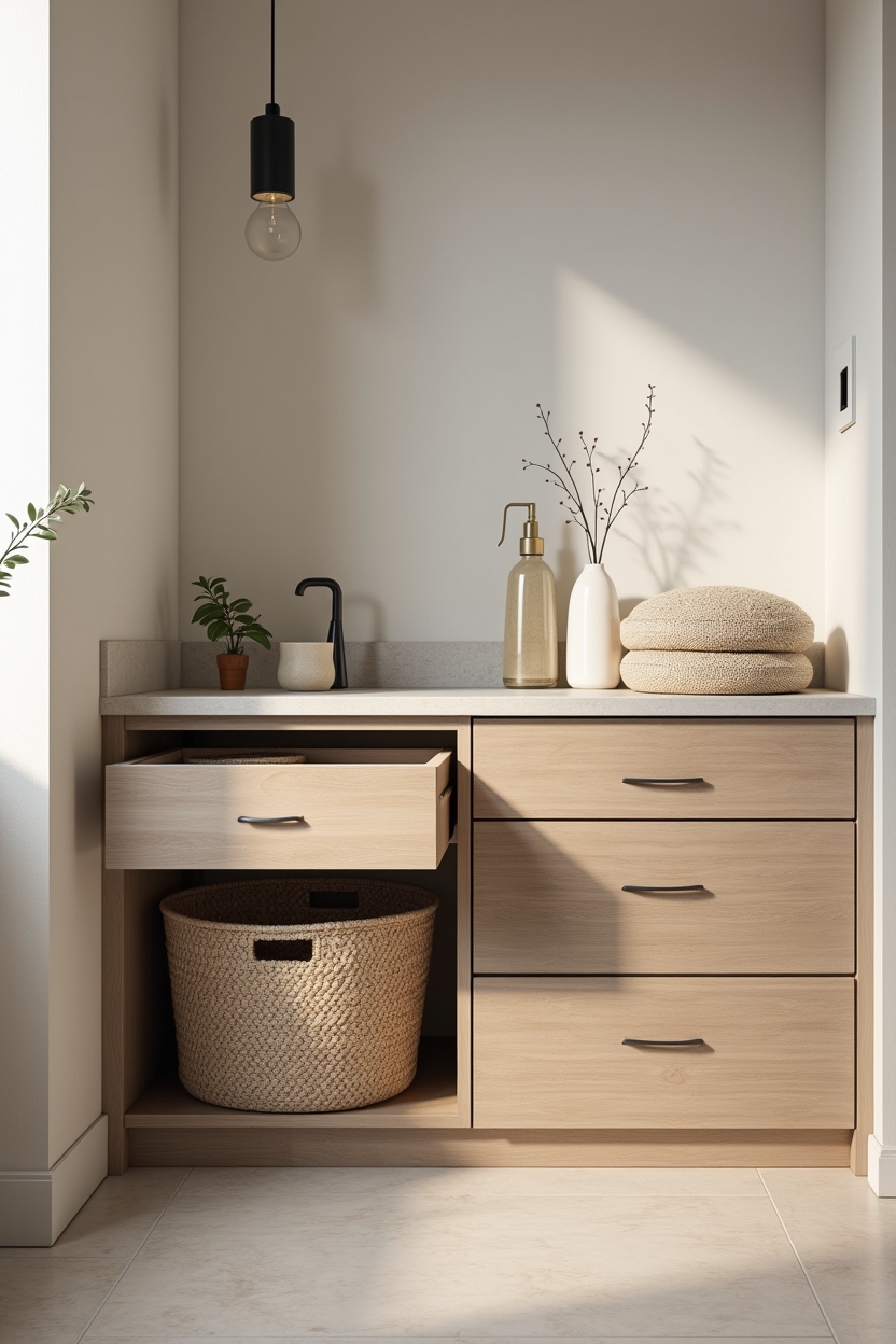 hidden storage tiny laundry nook ideas — tilt-out under-counter hamper unit featuring under-counter tilt-out hampers and deep drawers