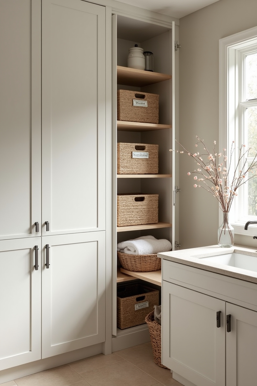 hidden storage tiny laundry nook ideas — corner carousel shelf door flush with cabinetry featuring rotating corner carousel shelving