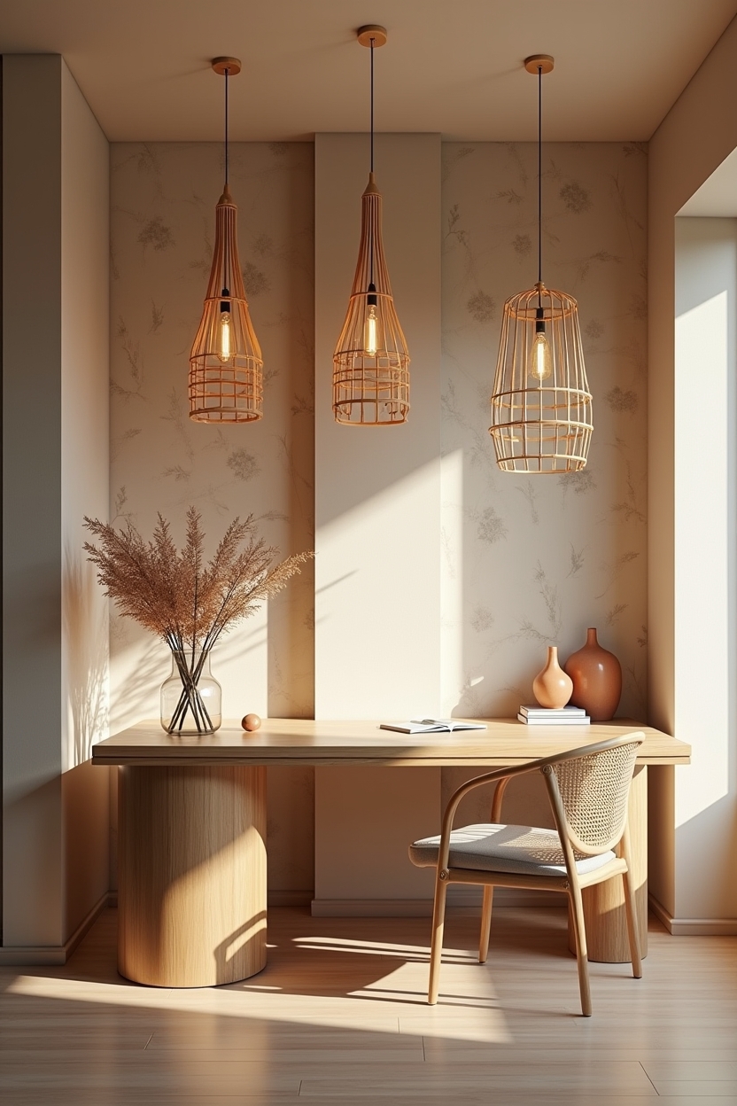 coastal office background ideas — staggered rattan pendant lights featuring rattan pendant trio with warm filament bulbs