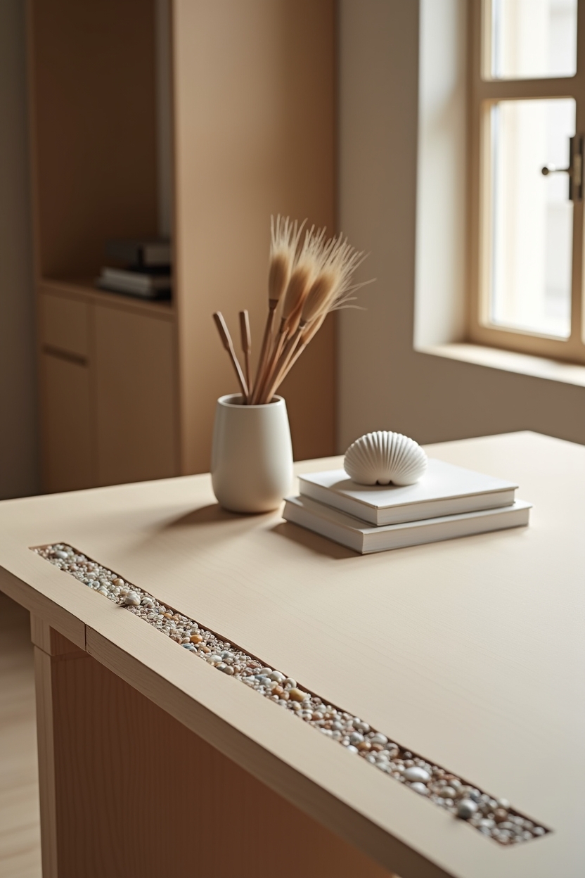 coastal office background ideas — narrow pebble inlay strip on desk front edge featuring pebble desktop vignette in the foreground