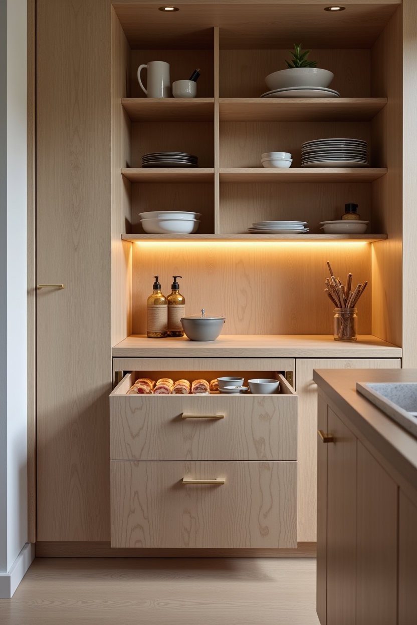 Integrated pull-out pantry island with butcher-block top home decor