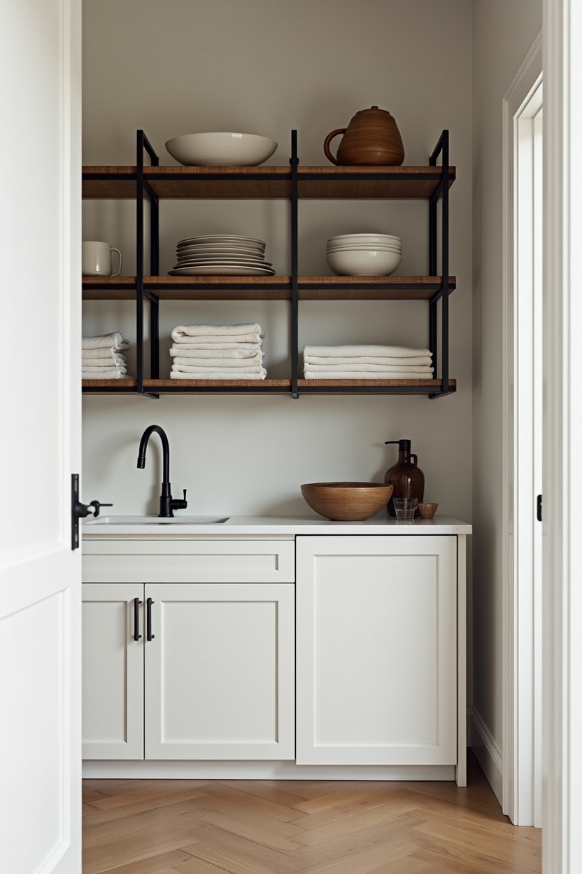 Rattan-and-black open shelving home decor