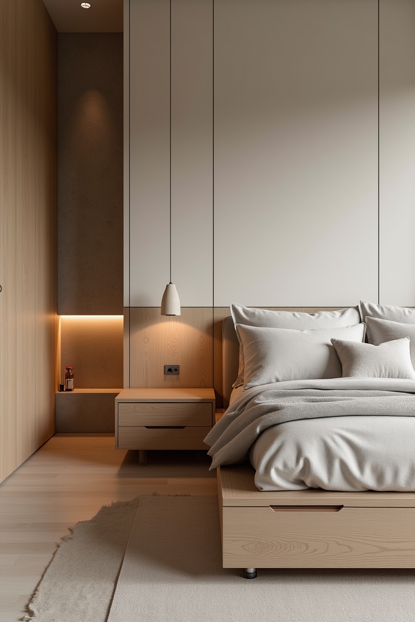 low oak platform bed with integrated under-drawers home decor