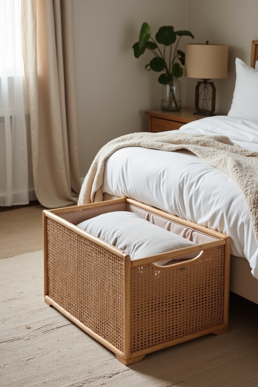 woven rattan lift-top storage bench with brass hinge home decor