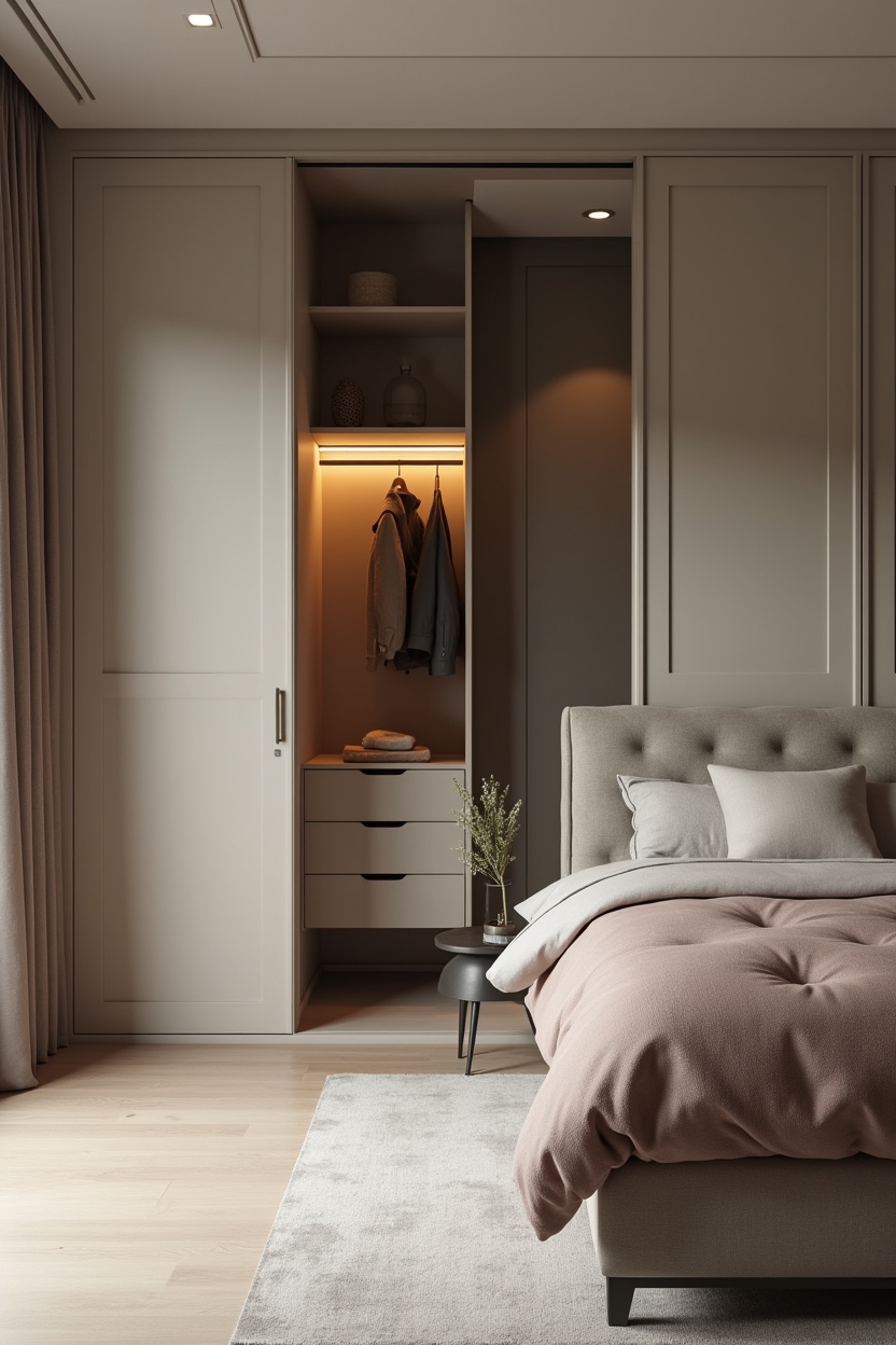 monochrome matte sliding panels that reveal a backlit dressing niche home decor