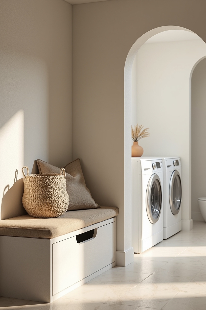plaster small laundry room ideas — plaster bench with inset hamper featuring low plaster bench with inset woven hamper and removable jute cushion